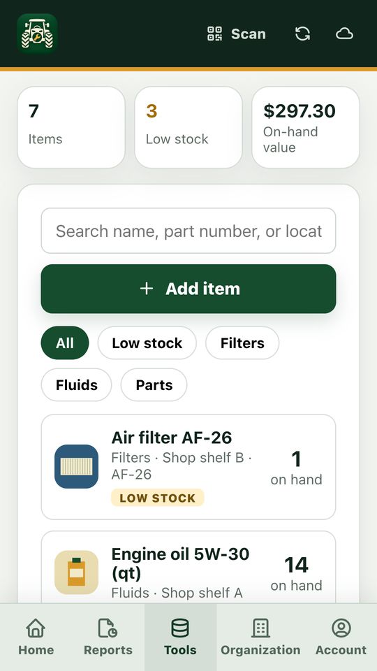Inventory list with low-stock badges.